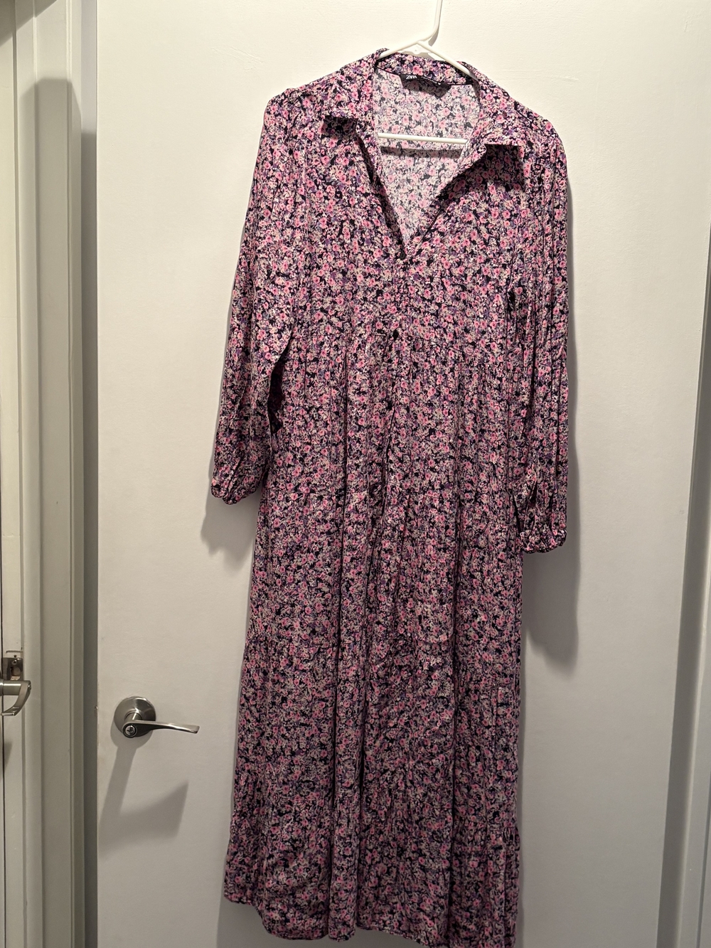 Zara Pink Floral Maxi Dress with Collared V-Neck
